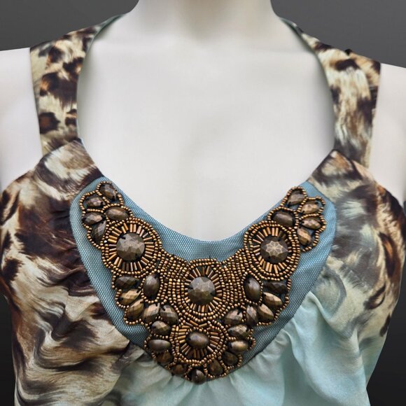 Y2K Sleeveless Beaded Asymmetric Top Size 20 2XL Leopard Seafoam Green Chiffon - Picture 3 of 12